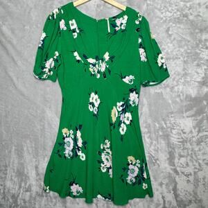 Free People Dress Womens 10 Green Garden Floral Print Mini V Neck Puff Sleeve
